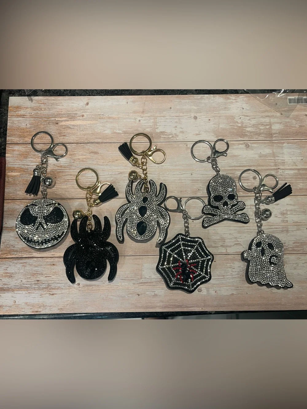 Rhinestone puffed Skull & Spiders Keychain Bag Charm with Tassel